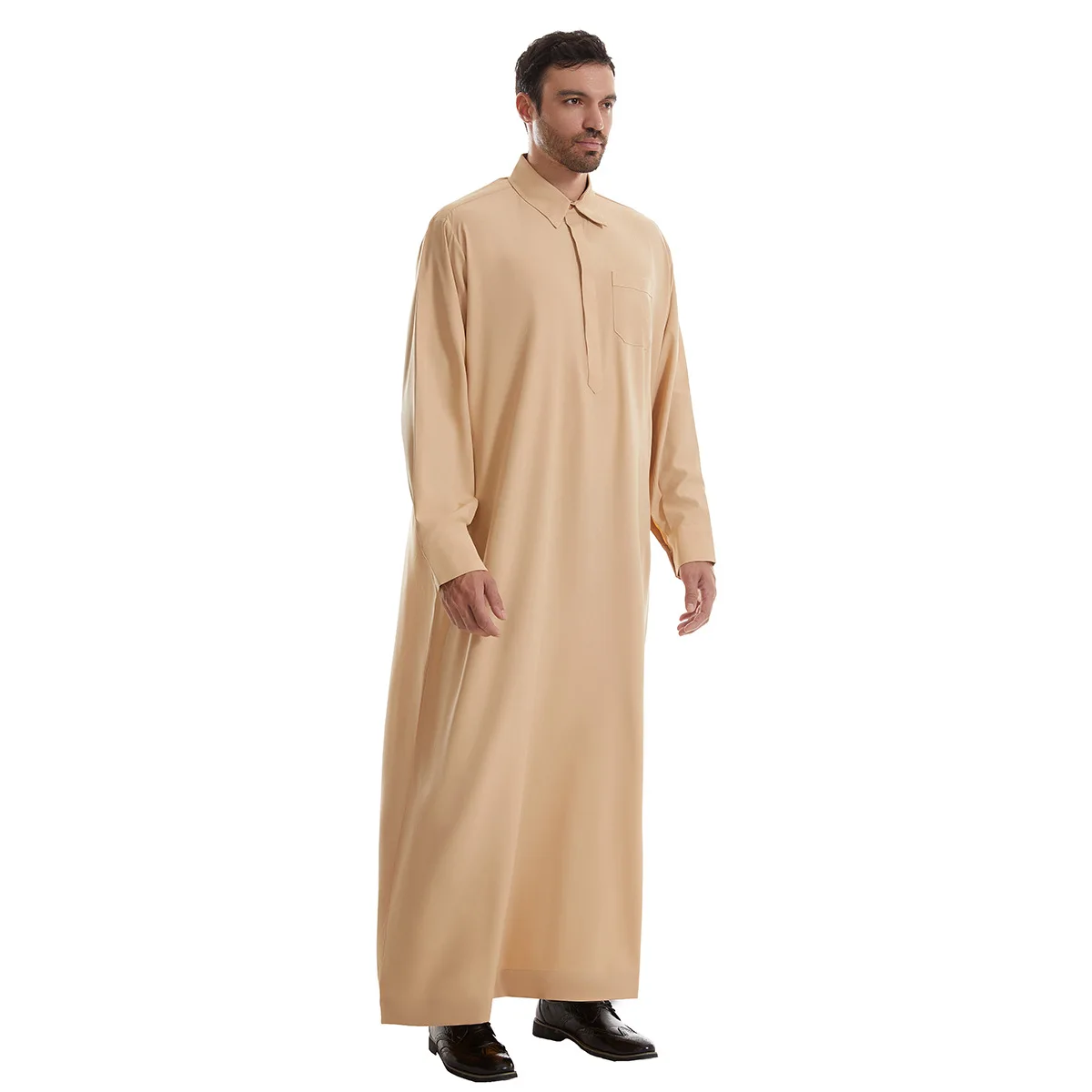 Uomo Jubba Thobe Abito camicia lunga da uomo Eid Musulmano 2025 Ramadan Abito con risvolto Saudi Musulman Wear Abaya Caftano Dubai Abito arabo