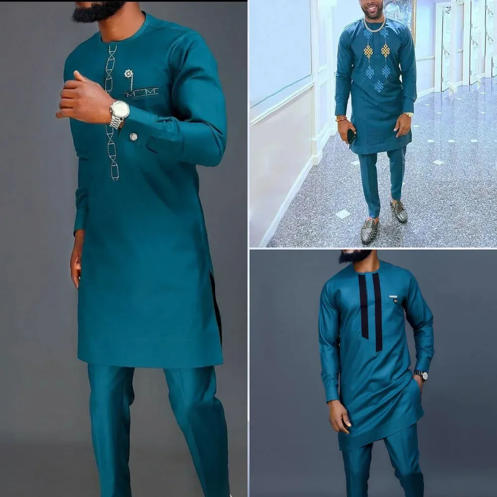 الصيف الرجال الأفريقيات التقليدية الأنيقة الدعاوى الزي Dashiki 2 قطعة قميص وسراويل مجموعة كاملة مصمم الملابس عباية العلامة التجارية زي