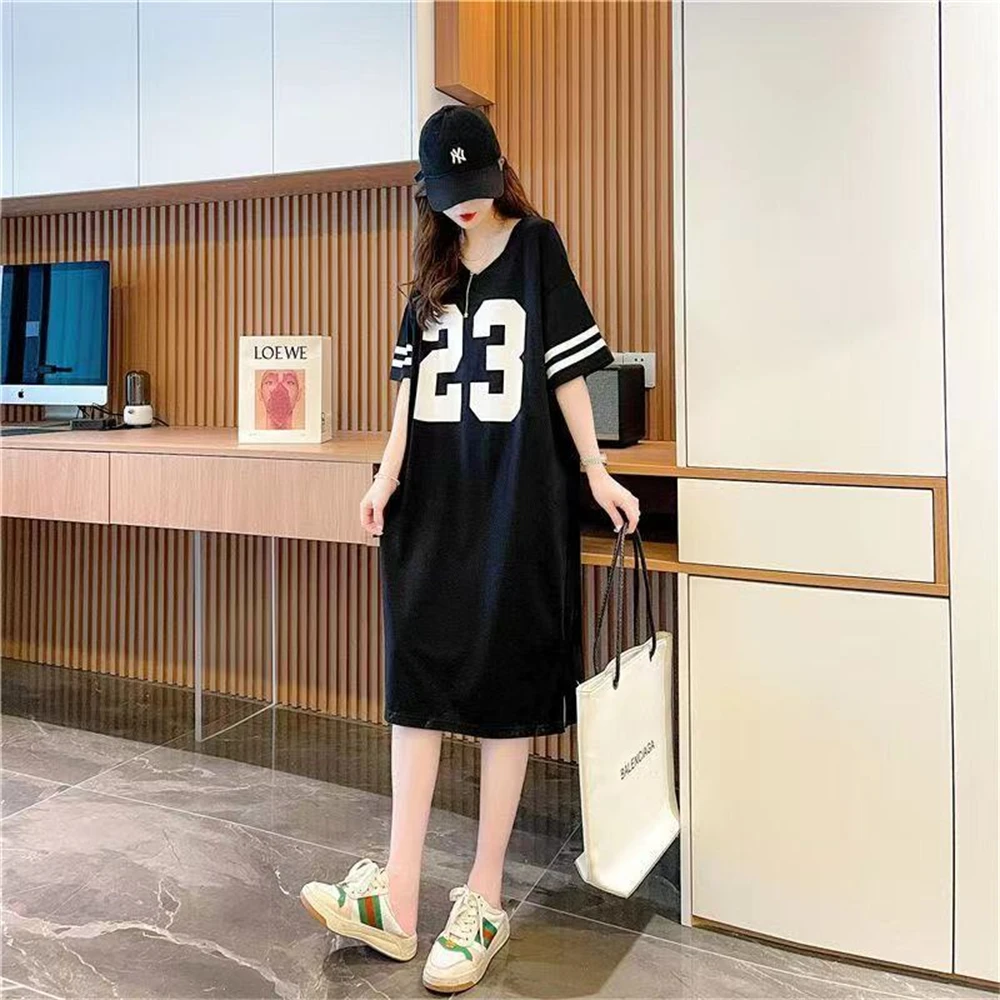 New dress Summer New Fashionable V-neck Long Short sleeved T-shirt Skirt Large Women's Loose Belly Cover