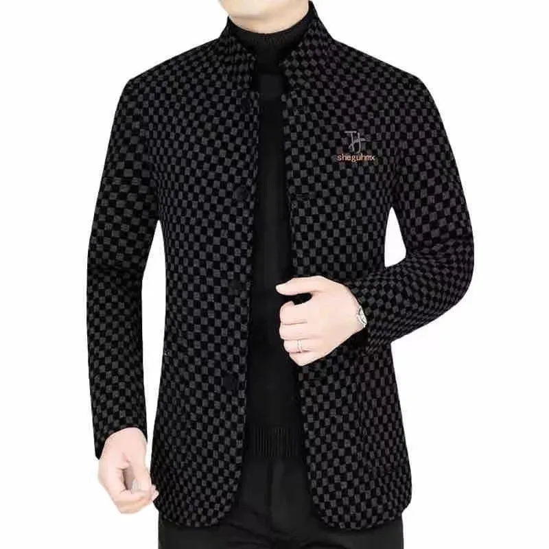 High Quality Men\'s Blazers Business Casual Stand Collar Woolen Jacket Classic Plaid Retro Versatile Tops Streetwear Coats