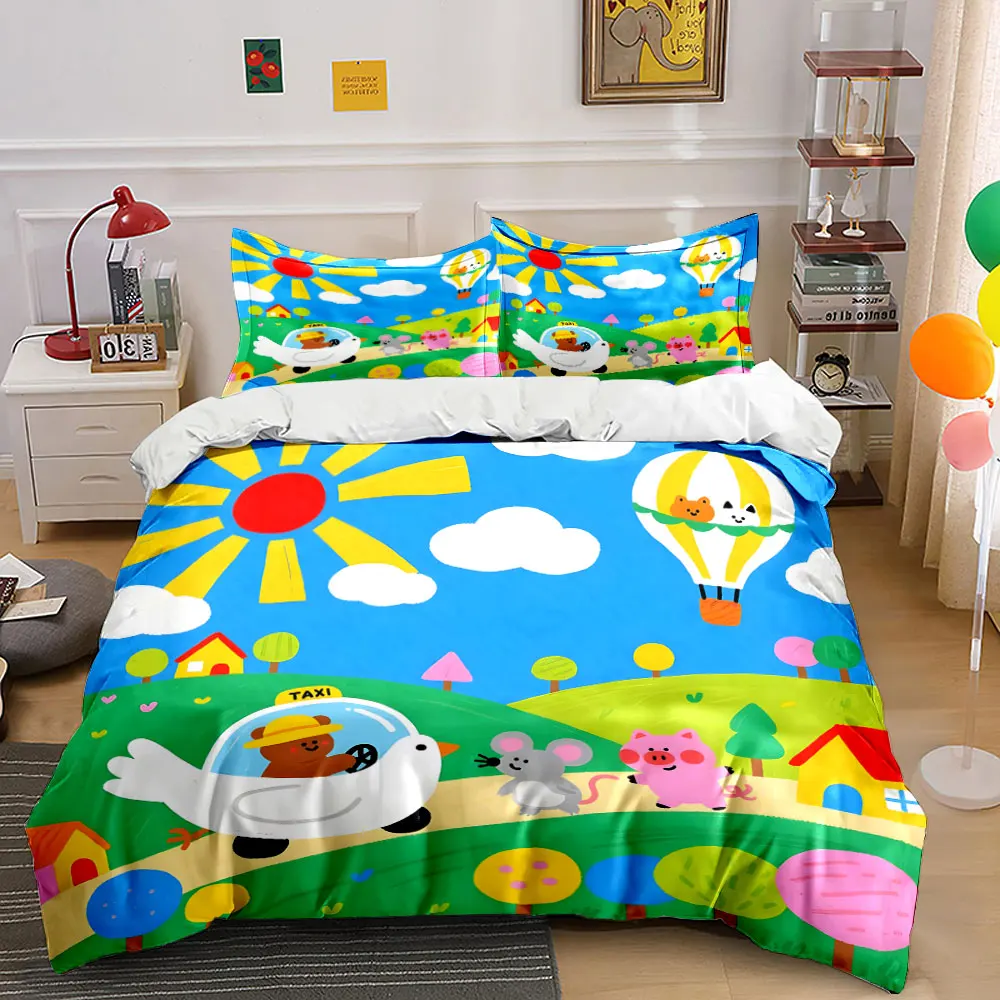Cheerful animal village scene Print Soft Comfortable Duvet Cover Bedding Set Included 1*Duvet Cover  2*Pillowcases