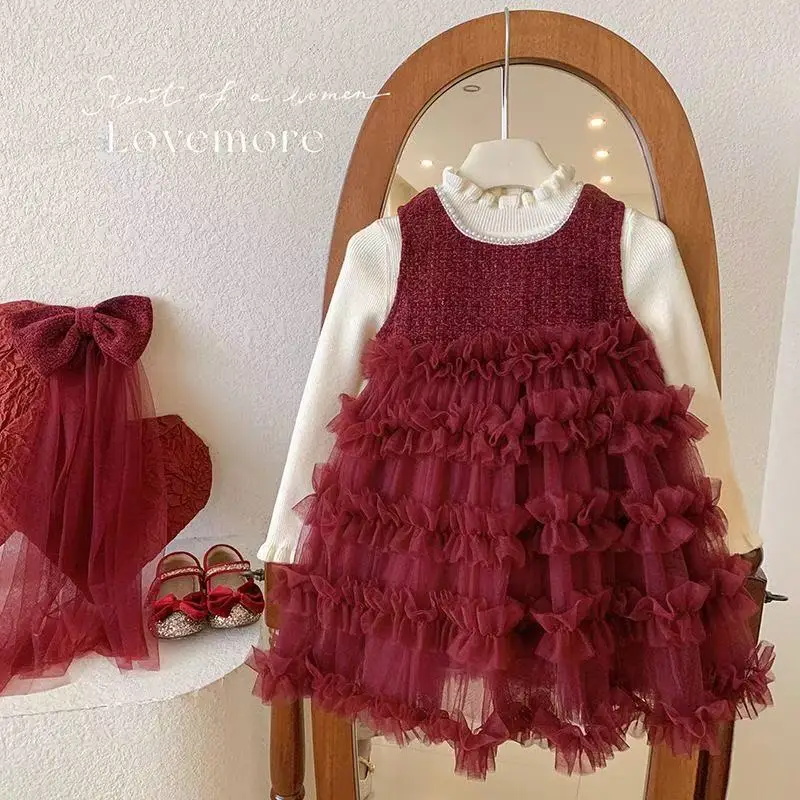 2026 Girls' Dress Winter Collection Stylish Children's Tulle Puff-Sleeve Dress Bow Princess-Style Red Two-Piece Set with Sequins