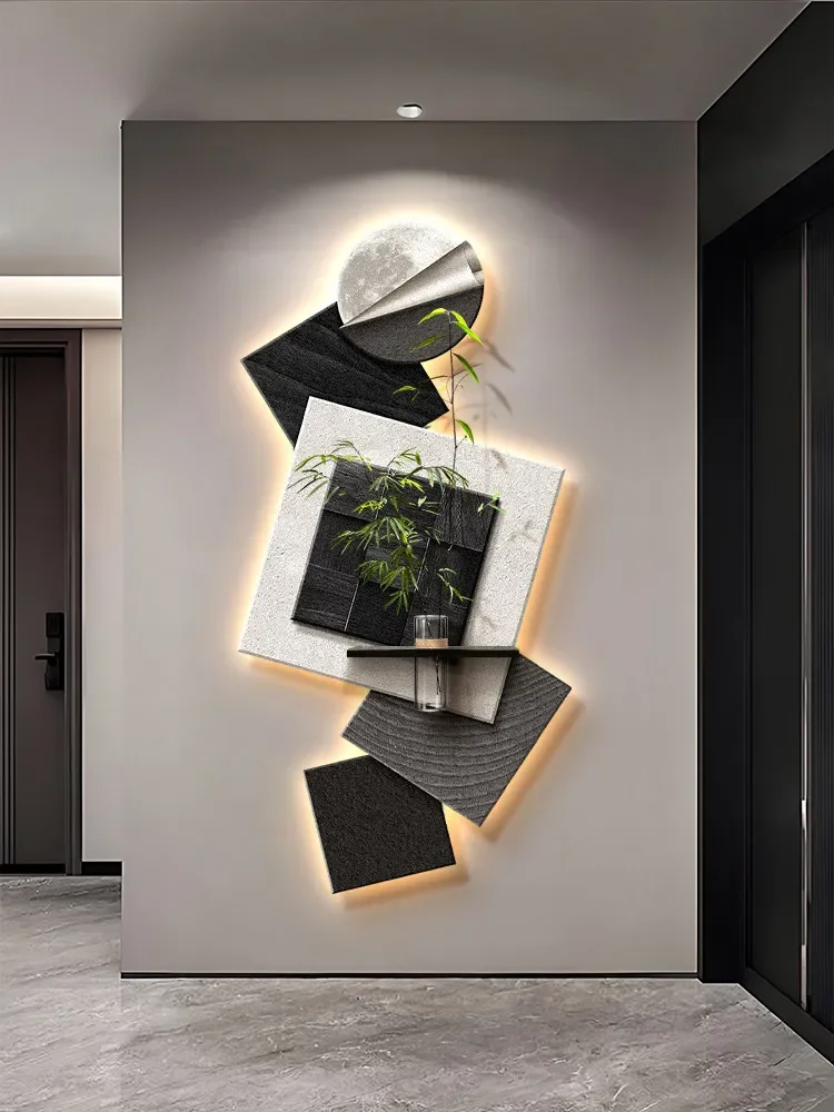 Modern Hydroponics Green Plant LED Decorative Painting Home Decor Living Room Bedroom Entrance Hallway Sandstone Mural Light