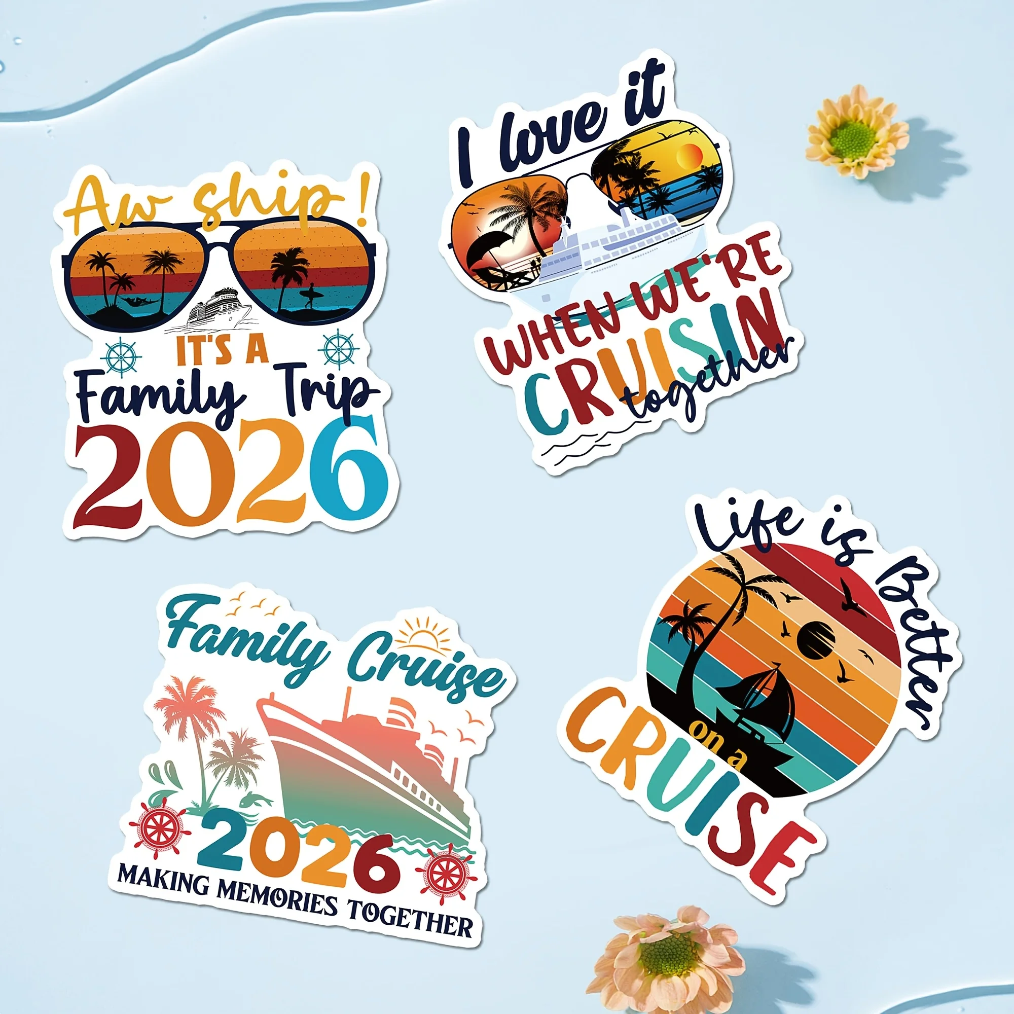 4-Piece Vintage Family Travel 2026 Cruise Tile, Nautical Vacation Cabin Door Fridge Sticker Decoration