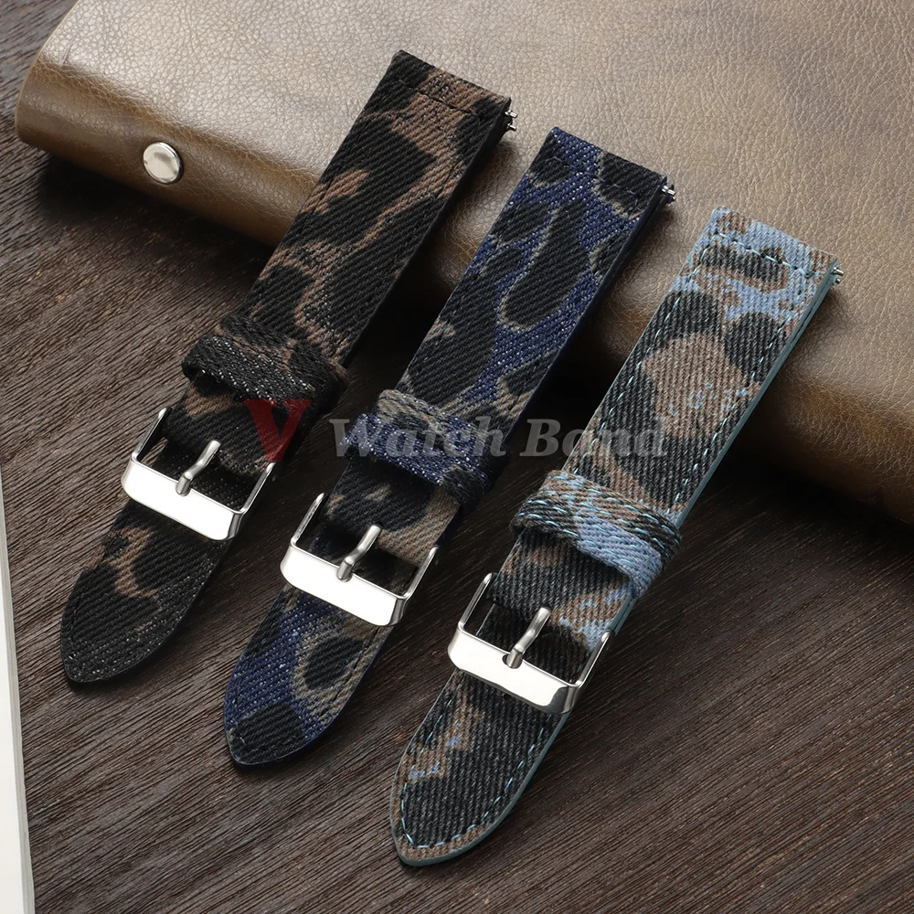 Denim Leopard Print Quick Release Universal Watch Band Dark Blue Linen Leather Watch Strap Replacement Watchbands 18mm 20mm 22mm