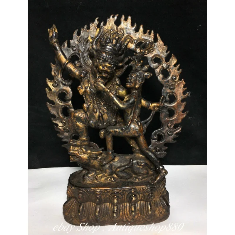 Old Tibetan Bronze Yamantaka Yama Dharmaraja Yab-Yum Buddha On Beast Animal Statue