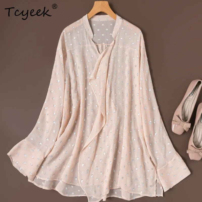 

Tcyeek 100% Real Silk Shirts for Women 2026 Spring Half-translucent Polka Dot Mid-length Tops Clothes for Ladies Рубашка Женская
