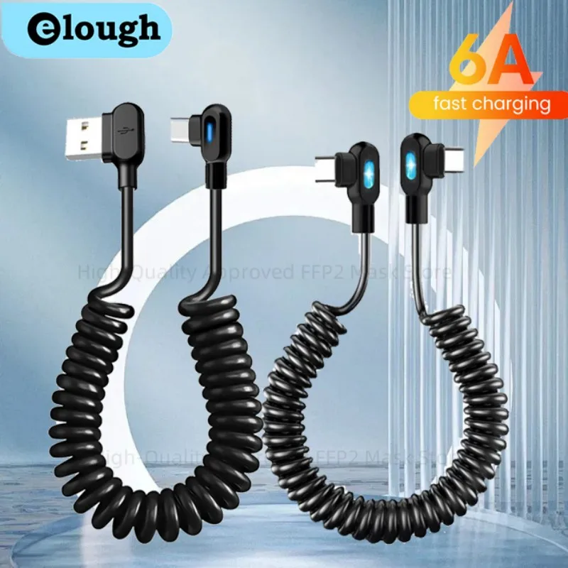 Elough 6A Short Spring Data Cable 90° Elbow USB C To Type C Fast Charging Cable For Samsung Xiaomi Redmi Huawei USB C Cable
