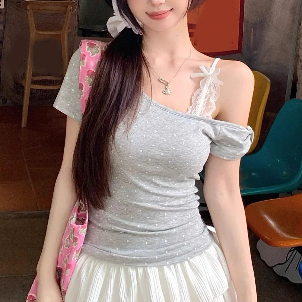 Summer Dot Lace Off Shoulder T-Shirt for Women Featuring Short Sleeves and Slim Cut Retro-Inspired Casual Top for Warm Weather