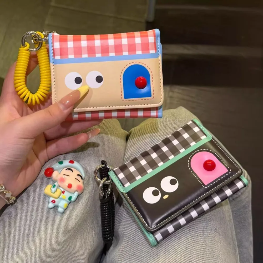 Dopamine cute cartoon house short wallet, niche multi slot card bag, grid pattern portable multifunctional ID bag