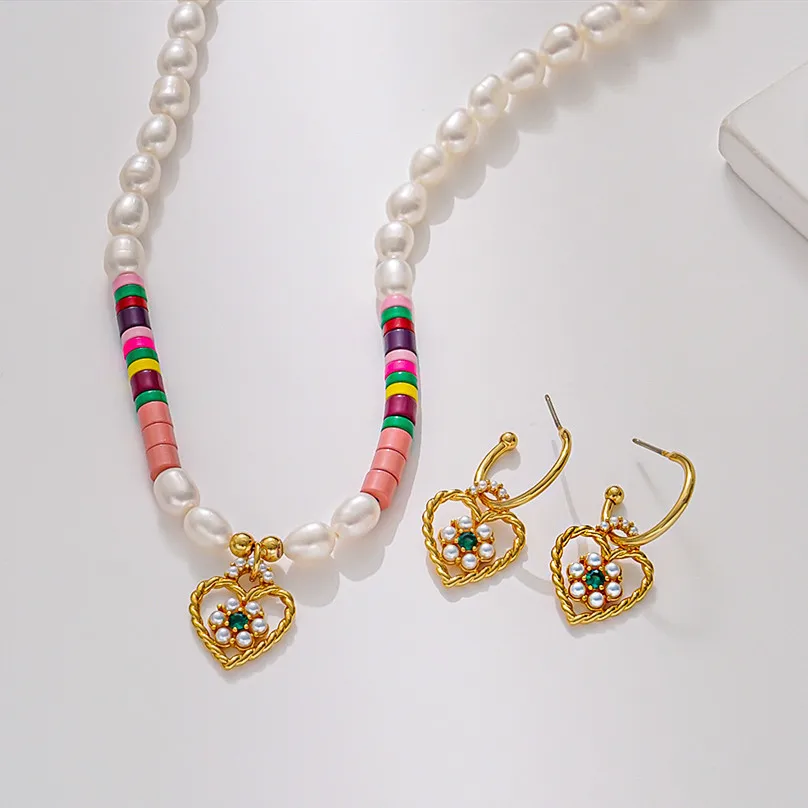 

Trendy Ins Cool Style Hollow Love Open Hoop Earrings Freshwater Cultured Pearls Colorful Porcelain Stitching Necklace for Women