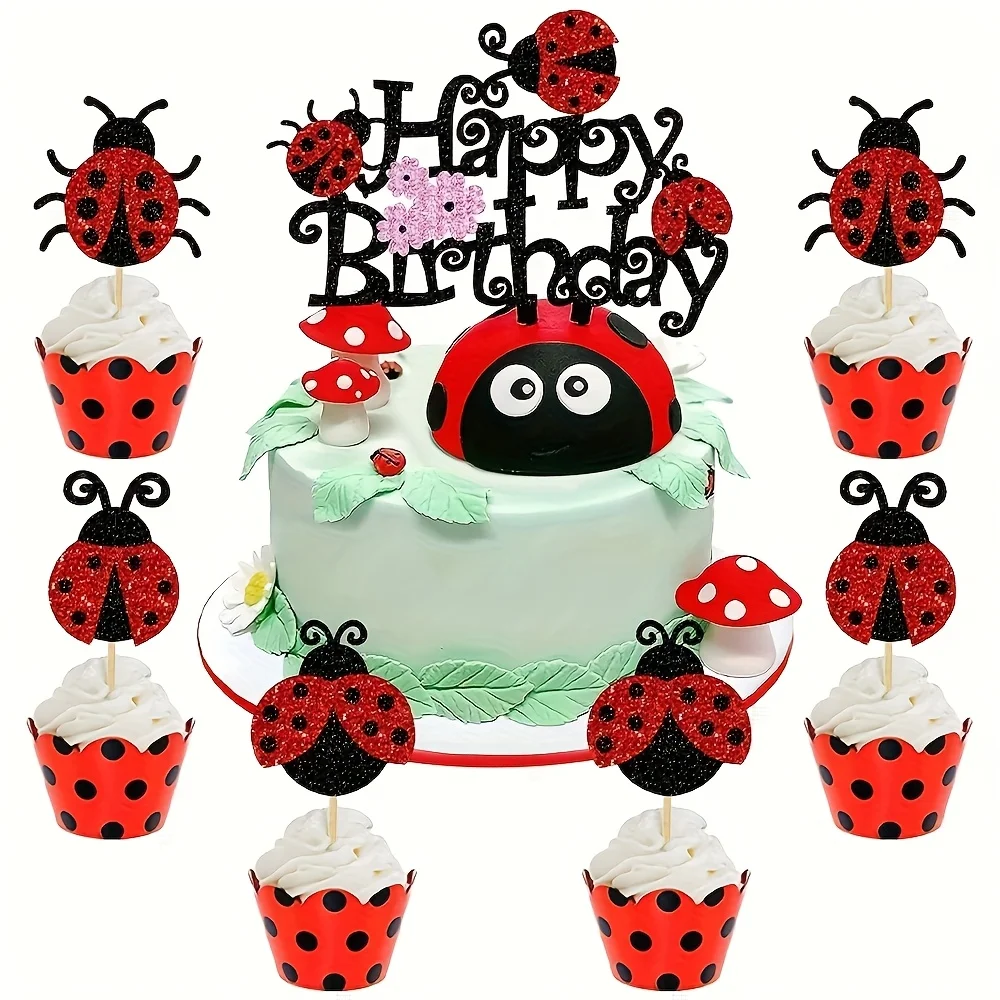 Ladybug Cupcake Toppers Flowers Insects Cupcake Picks Garden Theme Baby Shower Kids Birthday Party Cake Decorations Supplies