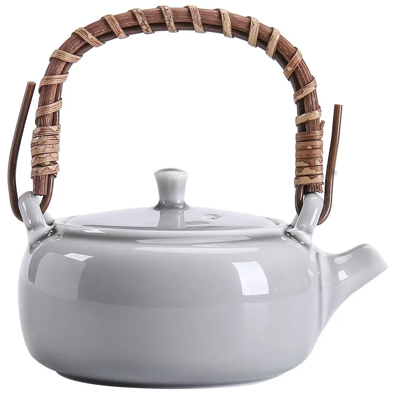 Ice Gray Glaze Loop-Handled Teapot Japanese Style Handmade Ceramic Kung Fu Teapot Small Single Pot Rattan Gantry Crane Teapot