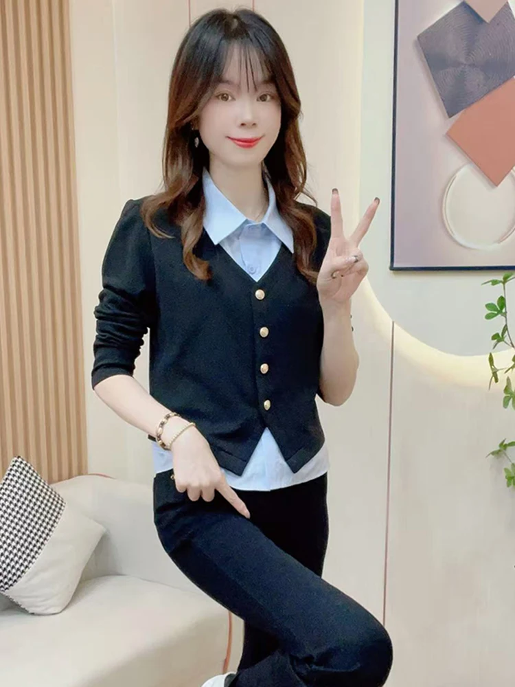 

Стильная женская рубашка с цветными блоками, модная, приталенная, на пуговицах, в корейском стиле, с длинным рукавом, стандартной длины, осенняя новинка