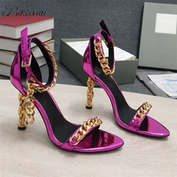 Luxury Chains One-Strap Modern Sandals Women Twist Strange Heel Patent Leather Multicolor Summer Shoes For Girls