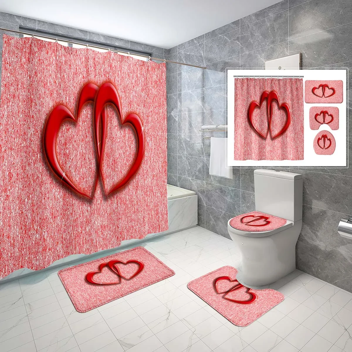 4 PCS Eternal Love Shower Curtain Set Valentine Day Romantic Heart Shower Curtain Bathroom Non-Slip Bath Mat Toilet Cover