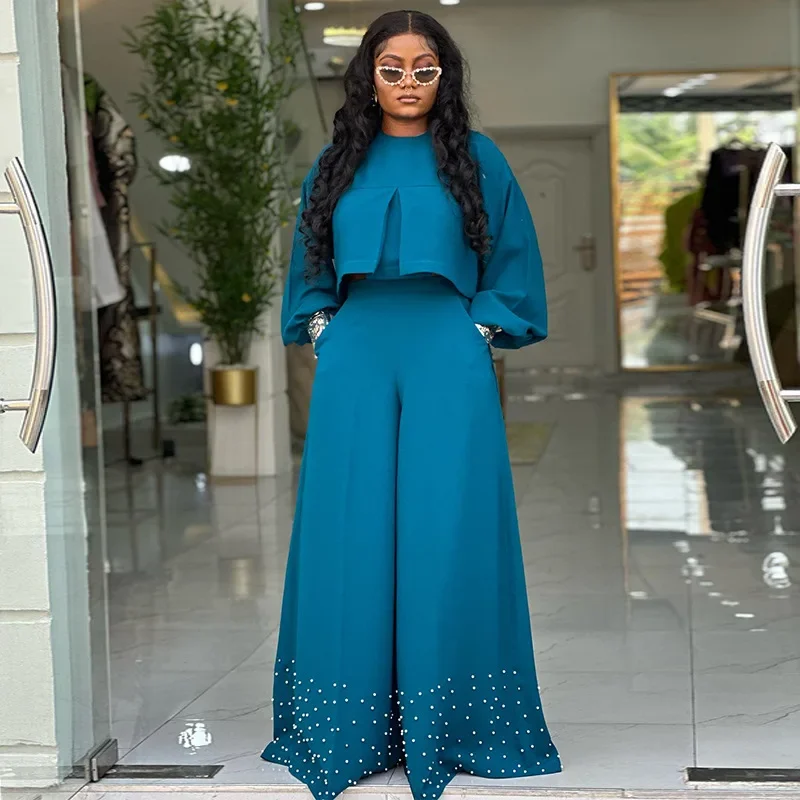 

2025 Spring and Summer New Round Neck Lantern Sleeve Top Beaded Wide Leg Pants Set European and American Women's Clothing