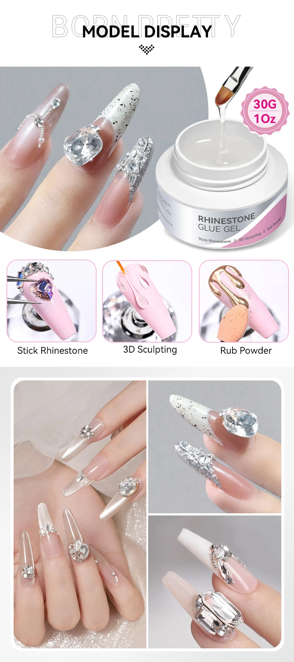 BORN PRETTY 30g Superstarker Nagel-Strasskleber Gel 3-IN-1 Langanhaltender Schmuckklebstoff Gel Rub Puder Nagelform Modellierung – Detail 4