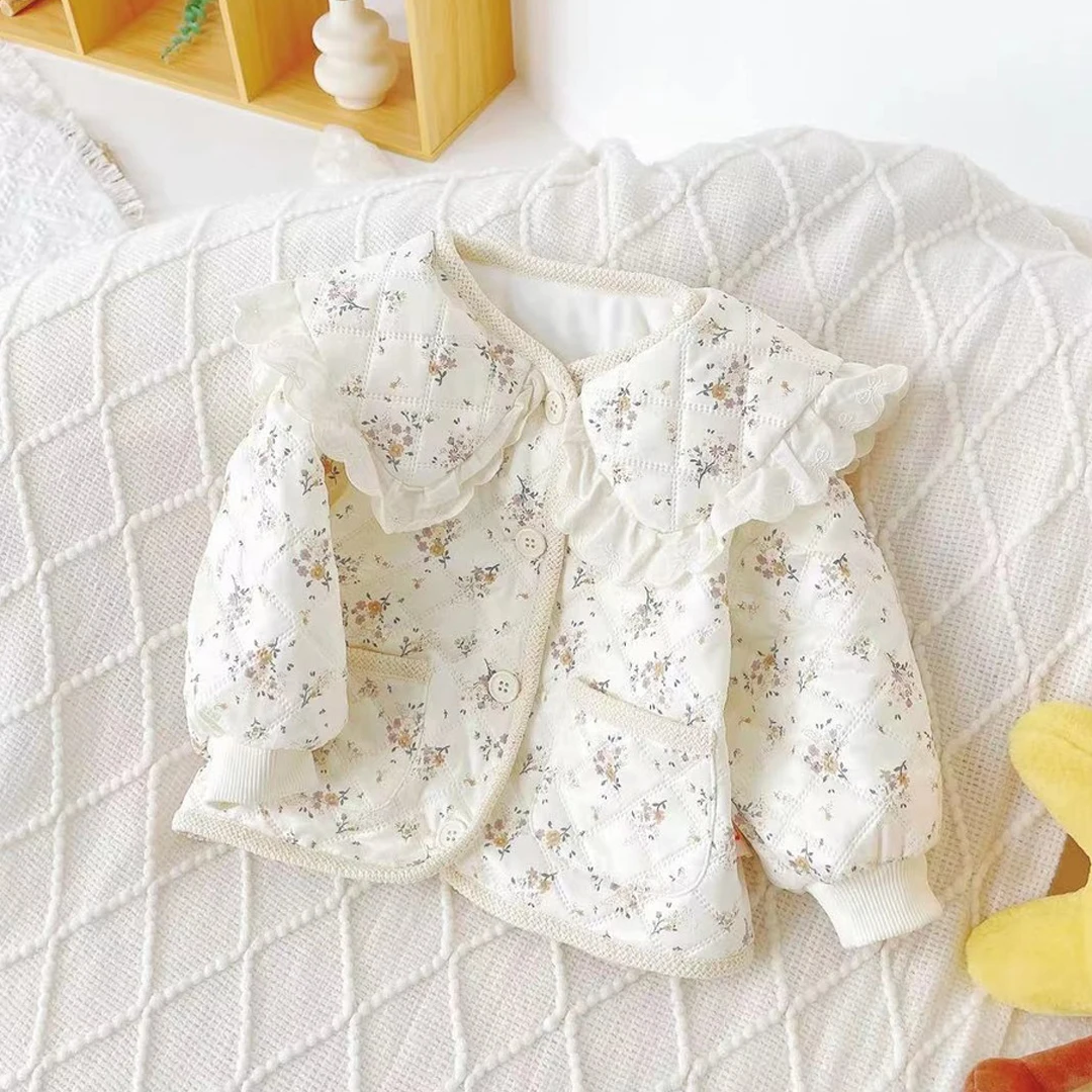 

Бархатная куртка для девочек, осень-зима 202, новое детское однобортное пальто на хлопковой подкладке, короткое теплое пальто с цветочным принтом для девочек