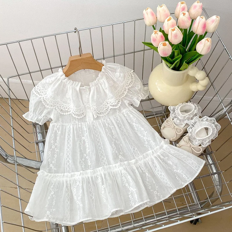 2023 sommer Neue Baby Mädchen Kleid Mädchen Süße Mädchen Kleid Weiß Party Rüschen Trim Party Prinzessin Kleid Spitze Kragen Kleider kleidung