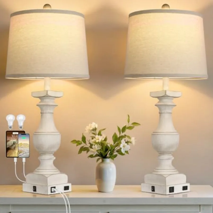 

28'' Table Lamp for Bedroom Nightstand, Vintage Bedside Lamp with USB A+C Port, Farmhouse Desk Lamp with Linen Shade Set of 2,