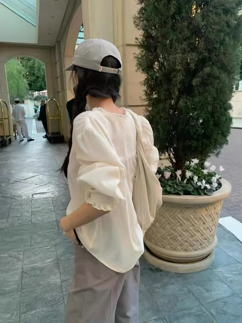 

Comfortable Pure Cotton Long Sleeve Shirt Tannat Spring New Style Women's Loose Fit Breathable round Neck Casual Shirt