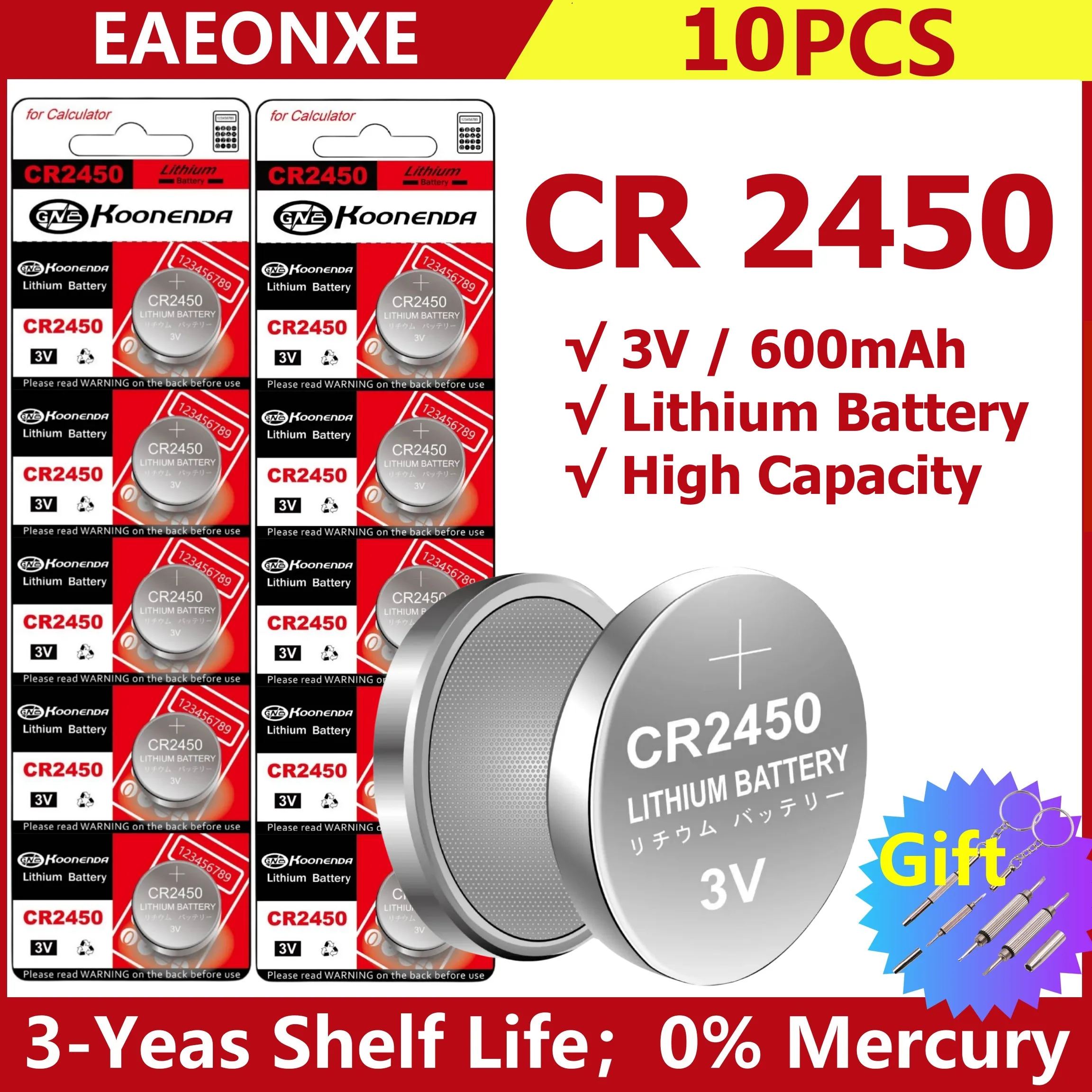 10 шт., Литиевые Батарейки CR2450 KCR2450 5029LC LM2450 DL2450 ECR2450 BR2450 CR 2450 3 в 600 мАч