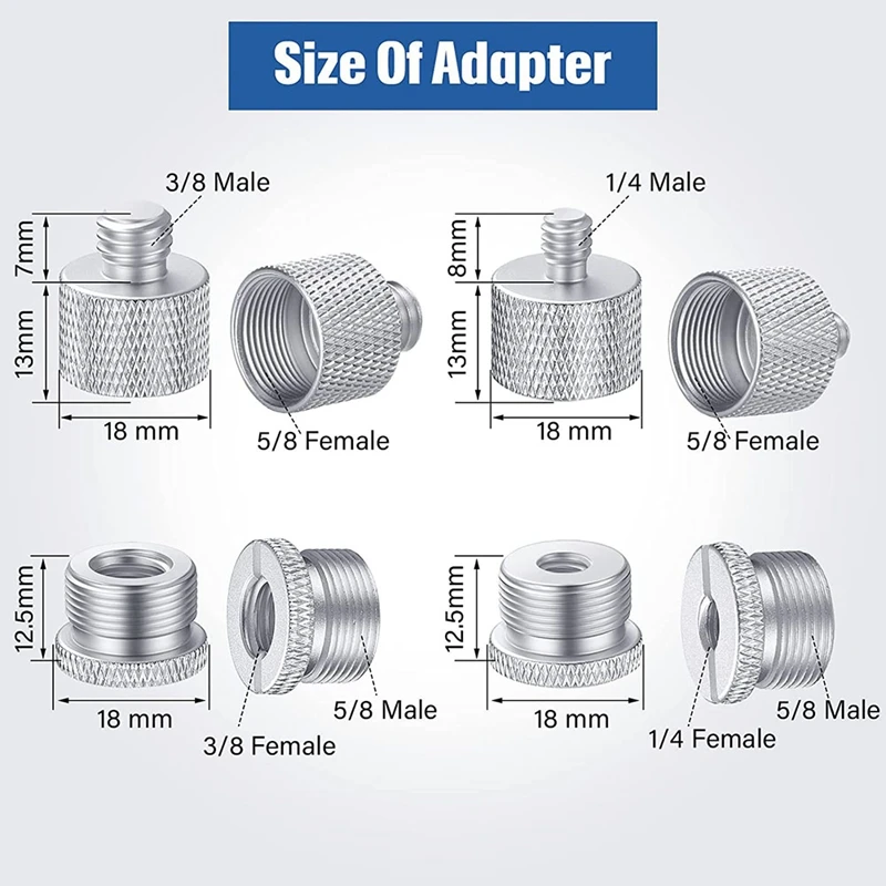 Mic Stand Conjunto de Adaptador de Rosca, Prata, 5/8 Feminino para 3/8 Masculino, 3/8 Feminino para 5/8, 8Pcs