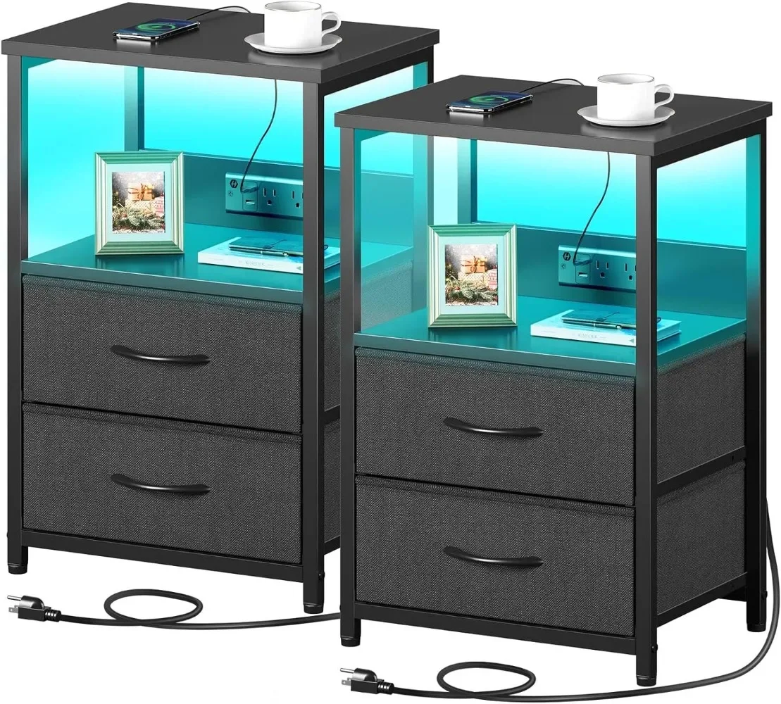 

Nightstand Set of 2 with Charging Station, Bedside Table with LED Lights, Night Stand with 2 Fabric Drawers, 3-Tier Storage End