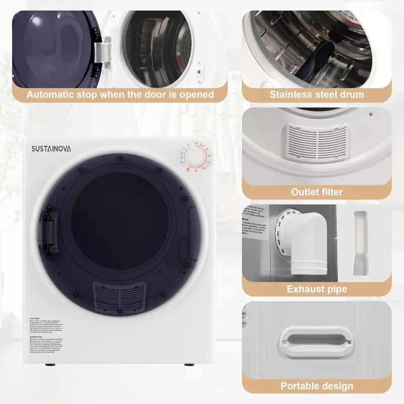 مجفف غسيل، مجففات ملابس من الفولاذ المقاوم للصدأ ذات تحميل أمامي 2.6 قدم مكعب مع أنبوب عادم، 1400 وات، لوحة تحكم بأربعة وظائف #4