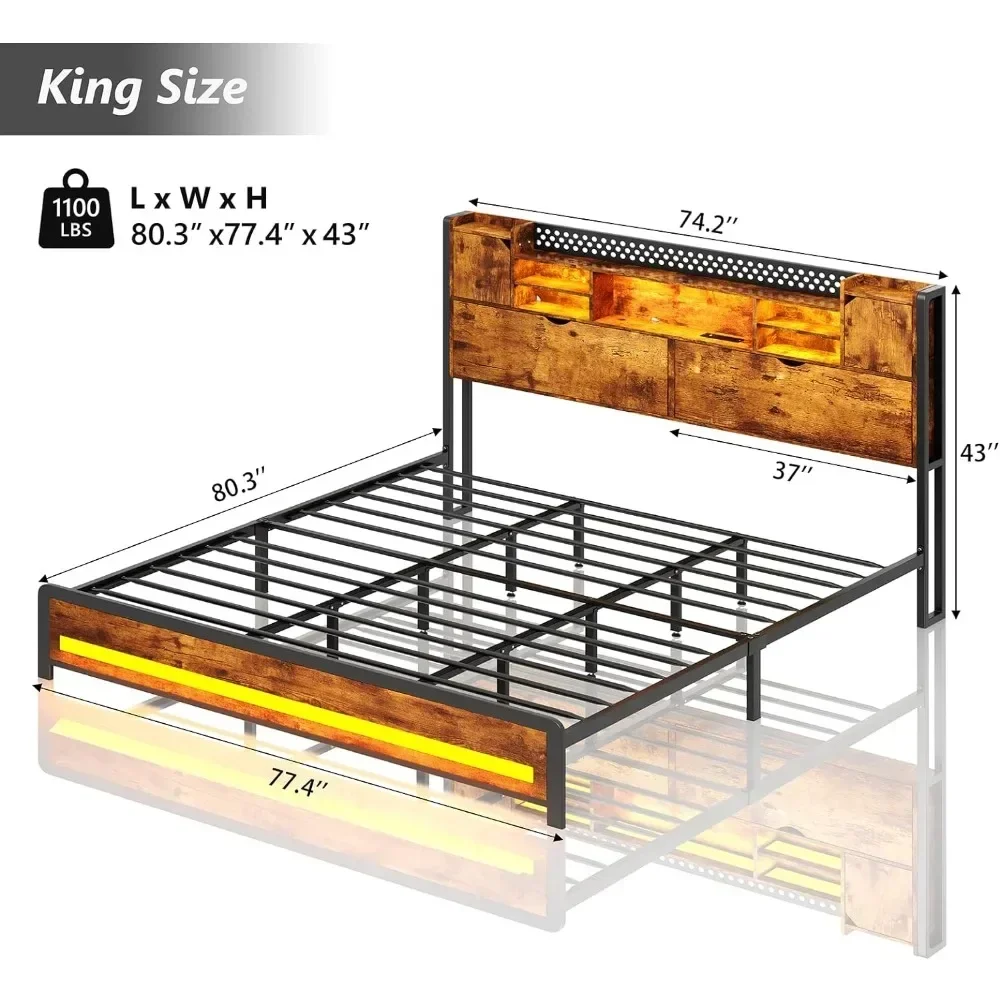 King Size Bed Frame and Storage Headboard, LED Bed Frame with USB Charging Station, Metal Platform Bed Frame King with Hidden