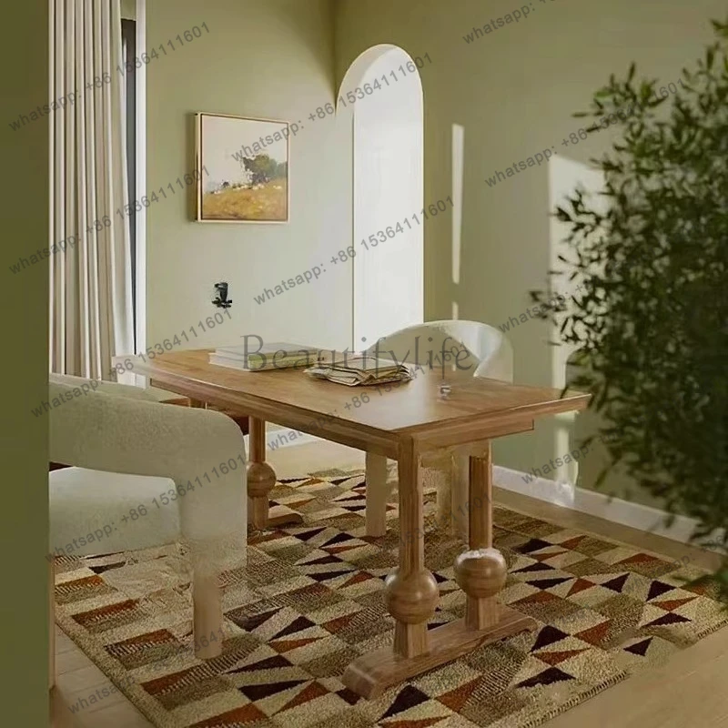 French solid wood retro dining table American old long table medieval log simple Roman column