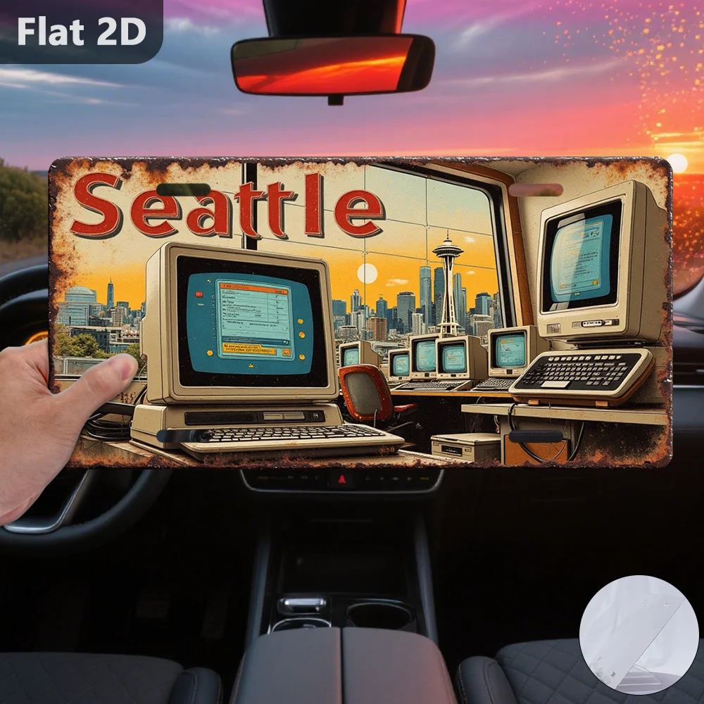2D Flat - Vintage Seattle Computers Art Mural | Nostalgic 80S/90S Office Scene,  Durable Aluminum Wall Hanging For Garage