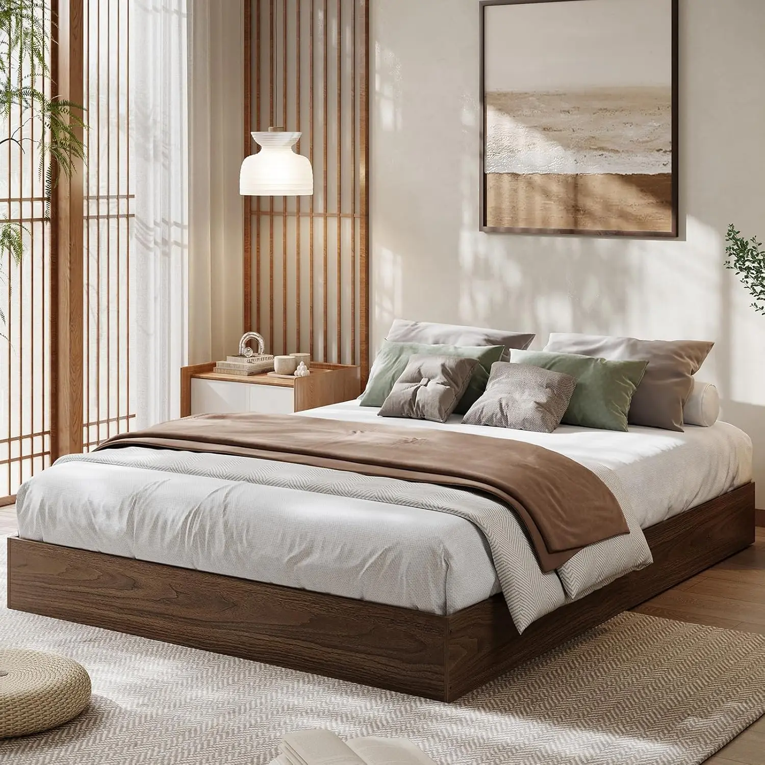 

Queen Size Wood Platform Bed Frame Slat Support No Box Spring Easy Assembly, Customized