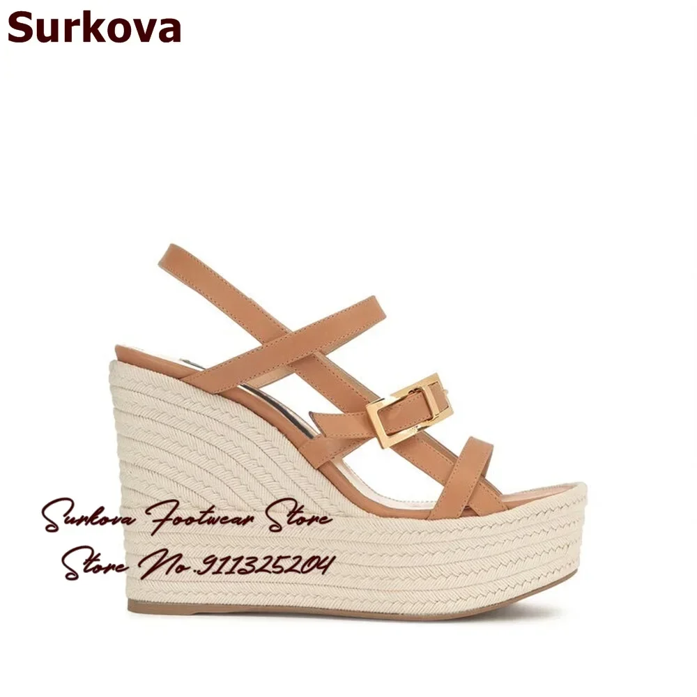 Surkova Platform Espadrille Wedge Heel Sandals Army Green Beige Nude Matte Leather Strappy Dress Shoes Buckle Strap Pumps