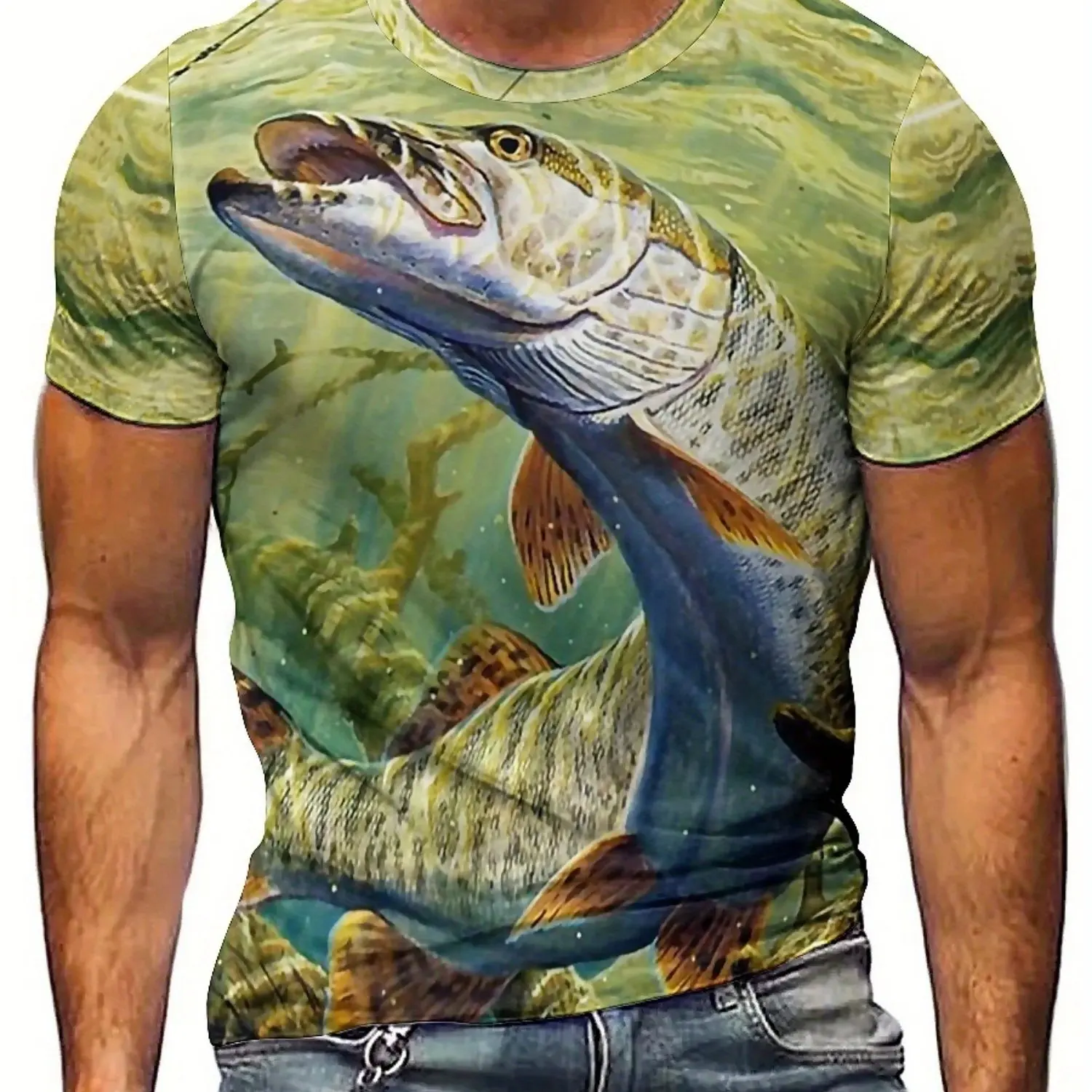 Camiseta masculina com estampa de peixe 3D – poliéster macio, manga curta, gola redonda, estilo casual e esportivo, conforto para todas as estações,