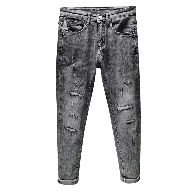 Mens Ripped Skinny Jeans Grey Light Blue Elasticity High Street Wear Hip Hop Patchwork Biker Jeans Male Denim Pants Frayed Homme