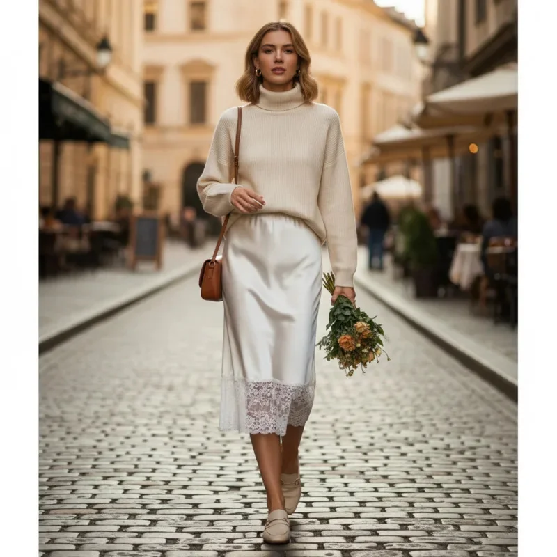 

Women's Satin High Waist Lace Splice Midi Skirt Solid Color Elegant Long Skirt Office Lady Summer Casual Party Vacation Wear New