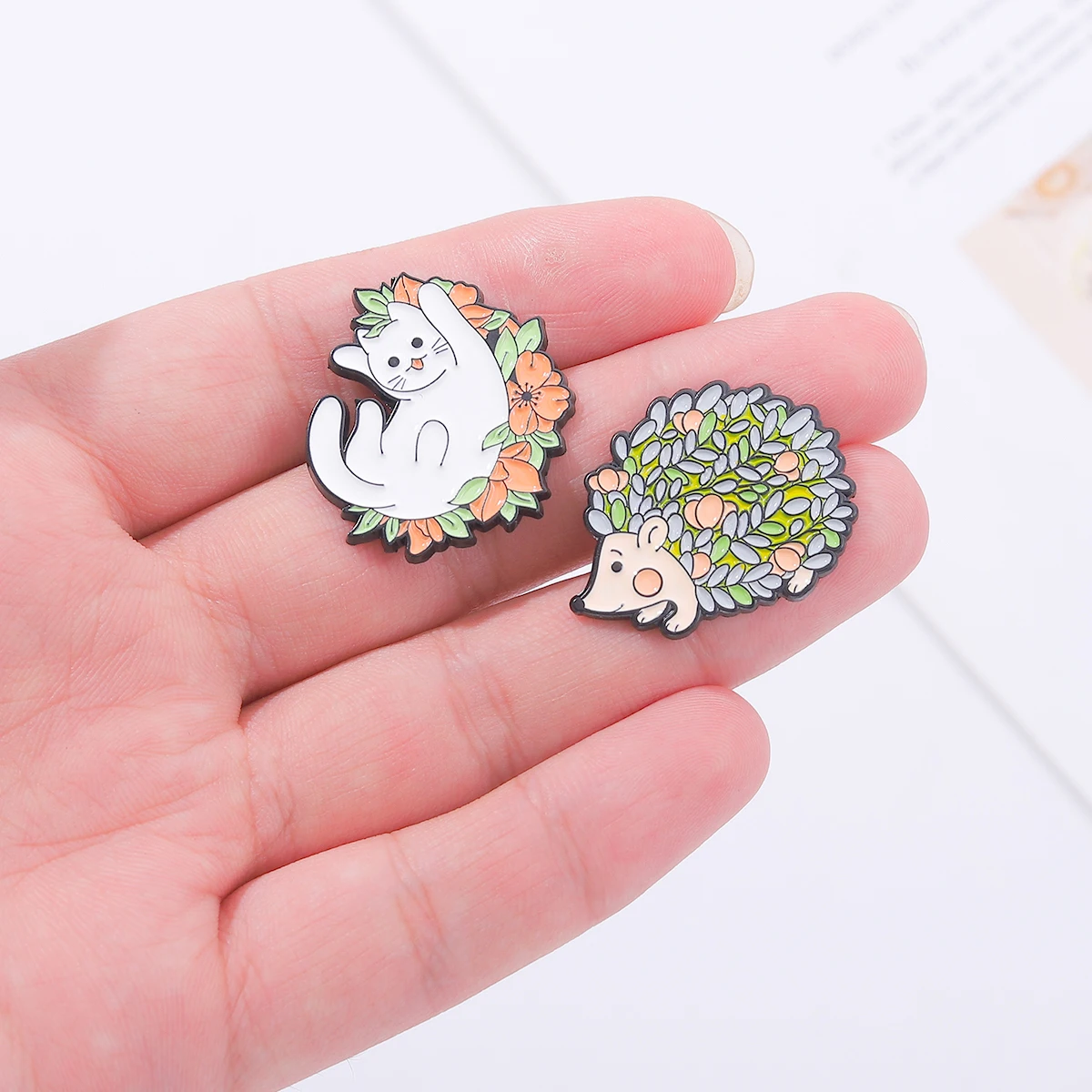 Floral Animals Enamel Pins Custom Hedgehog Cat Frog Mushroom Brooches Lapel Badges Cute Kawaii Jewelry Gift for Kids Friends
