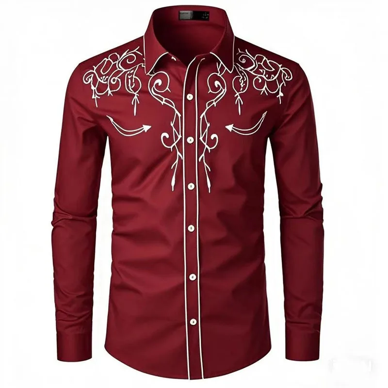 SHiONFA Camisa masculina vermelha estilo ocidental bordada de manga comprida slim fit clássica com botões brancos para primavera outono
