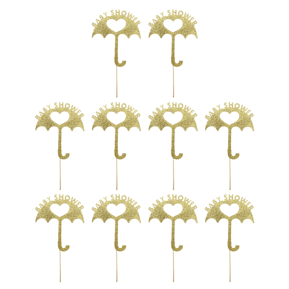 

10pcs Golden Umbrella Topper Dessert Topper Shiny Glitter Decoration for Baby Shower Wedding Cupcake Dessert Cheese