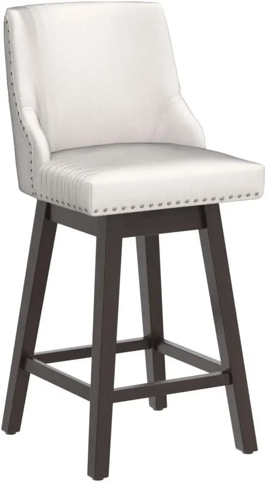 PU couro estofado altura Bar fezes, cadeiras com Nailhead Trim e pernas de madeira, creme branco, conjunto de 2, sem braços Barstools