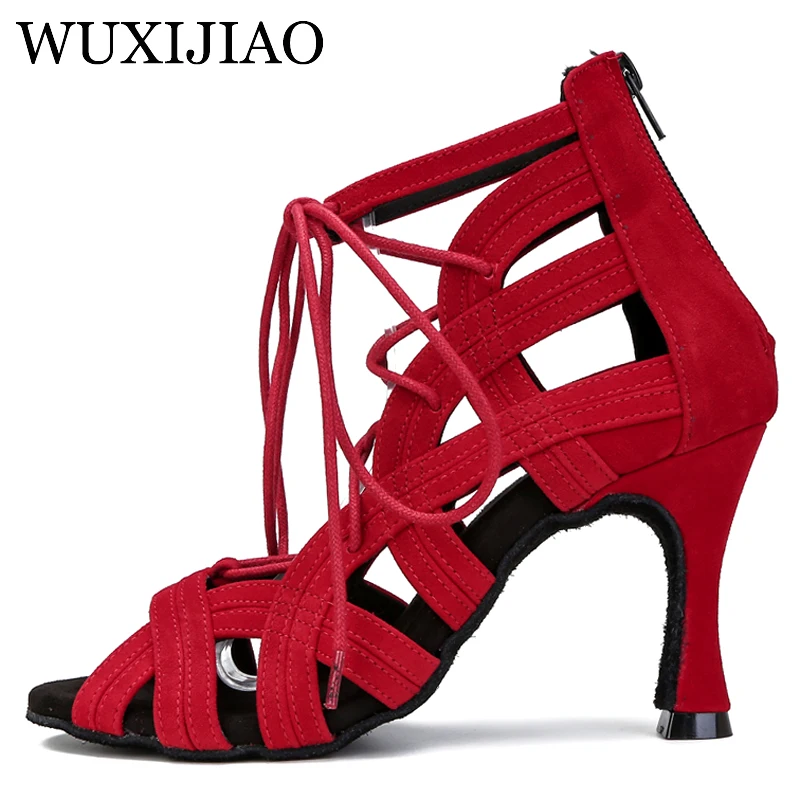 WUXIJIAO Woman High Top Latin Dance Shoes Black Red Soft Sole Ballroom Salsa Dancing Shoes for Party for Girls Suede Dance Boots