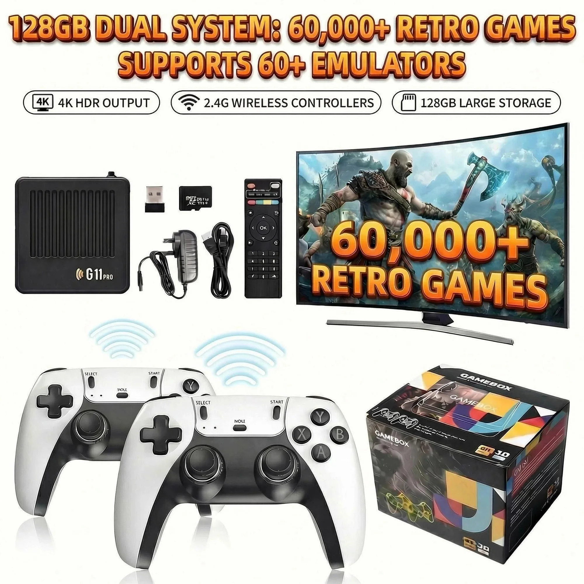 Consola de juegos G11 Pro 4K HD Android 9.0 Sistema dual TV Game Box 64G/128G Integrada con más de 60000 juegos retro Consola de videojuegos con mando inalámbrico