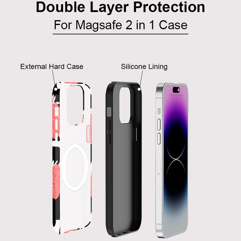 Fcicicase Phone Case For iPhone 11 12 13 14 15 16 Pro Max 16Plus Magnetic For Magsafe Wireless Charge Armor Strawberry Cover