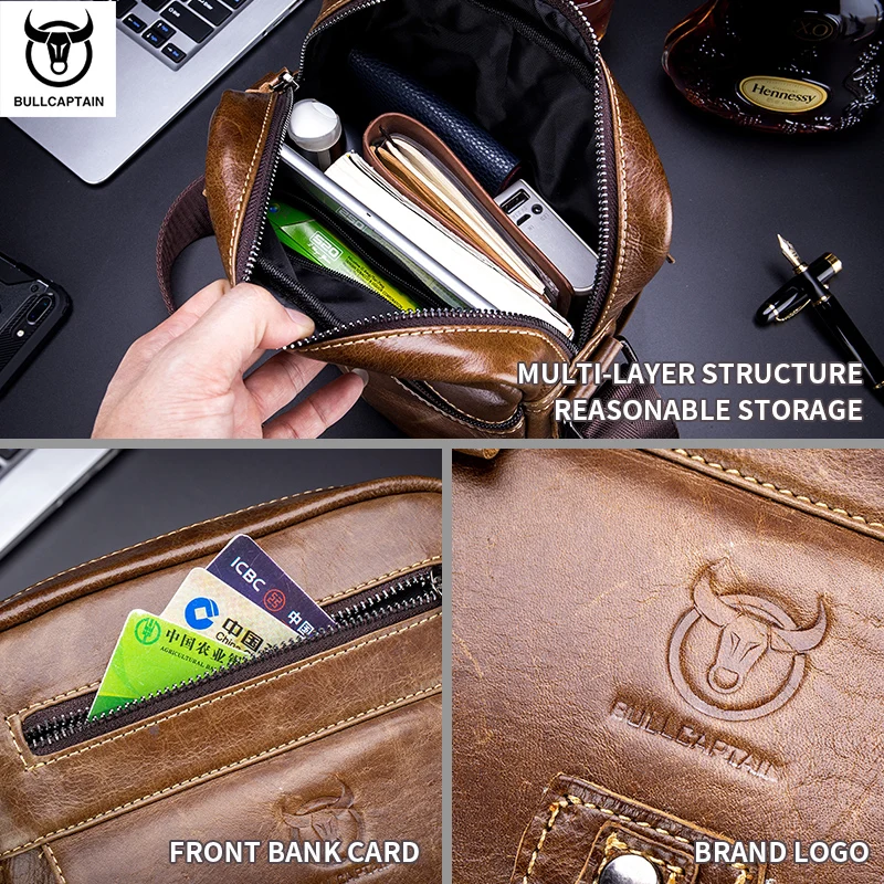 حقيبة كتف من الجلد الطبيعي للرجال من BULLCAPTAIN ذات سعة كبيرة للسفر الرياضي في الهواء الطلق