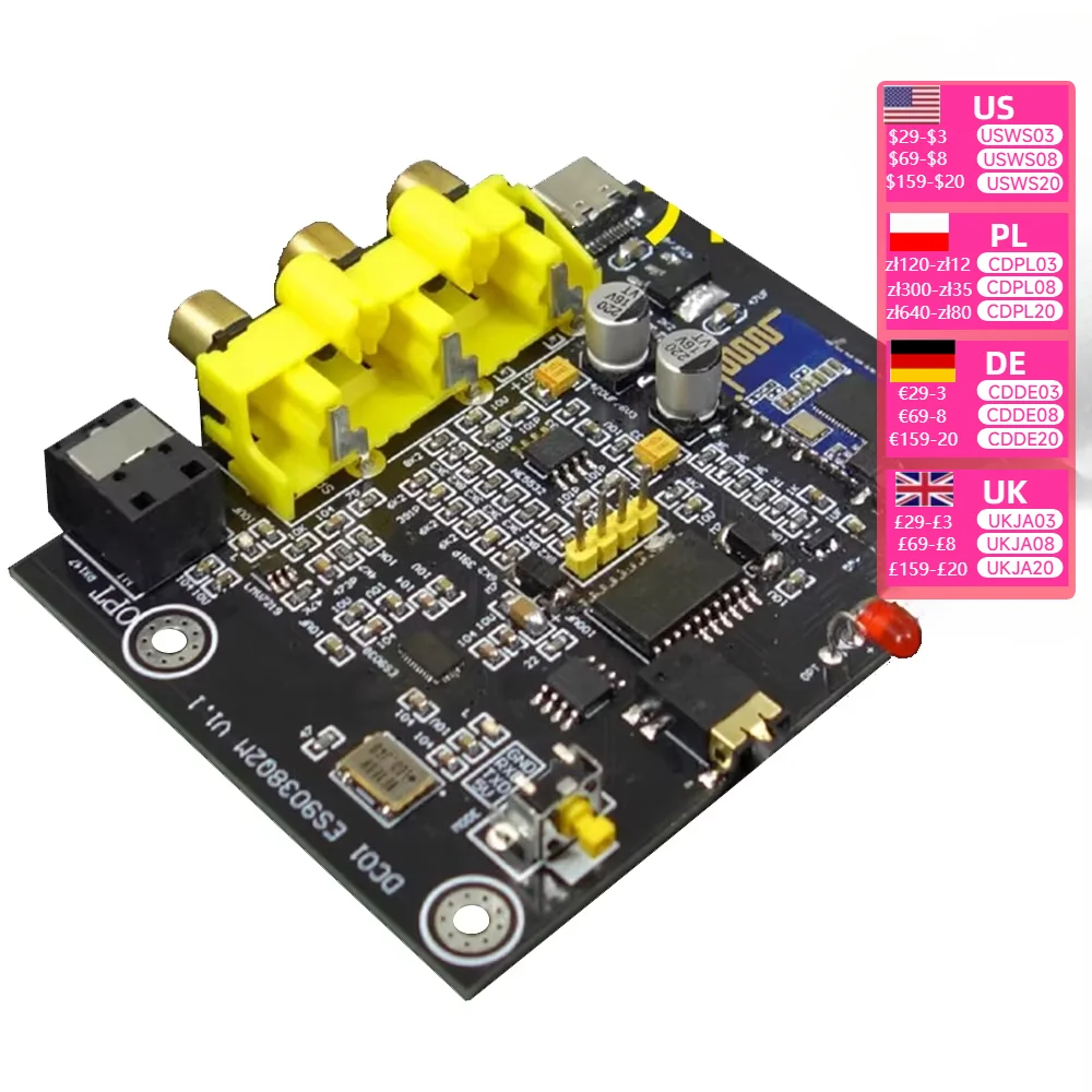 Nvarcher ES9038+QCC3003 Decoder Board Coaxial Fiber Bluetooth input  RCA,3.5mm Output For TV, CD, Set-top Box Upgrade