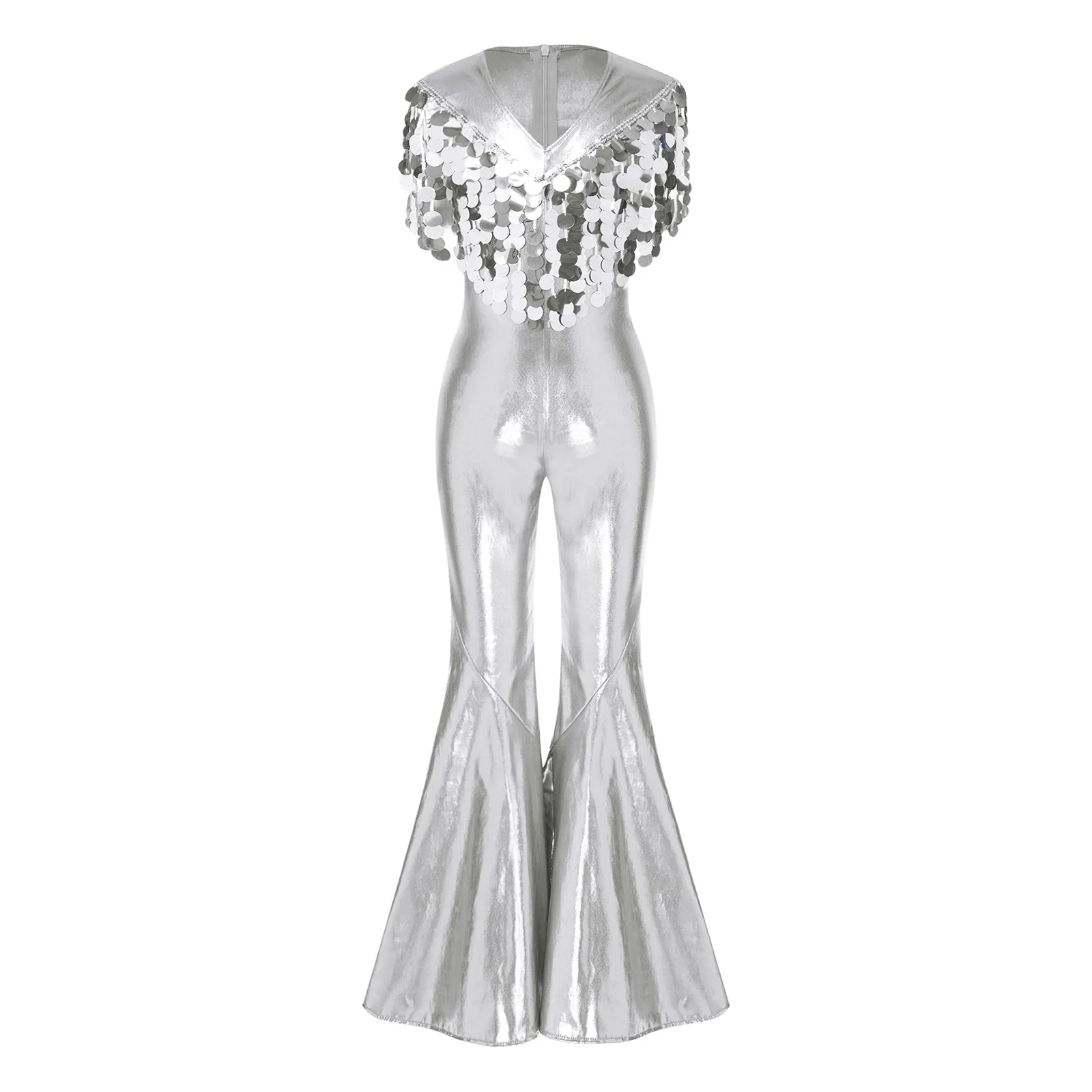 Girls 70s Disco Jazz Dance Cowgirl Jumpsuit Metallic Shiny Sequin Tassel Flared Bodysuit Halloween Carnival Pageant Party Costum view 4