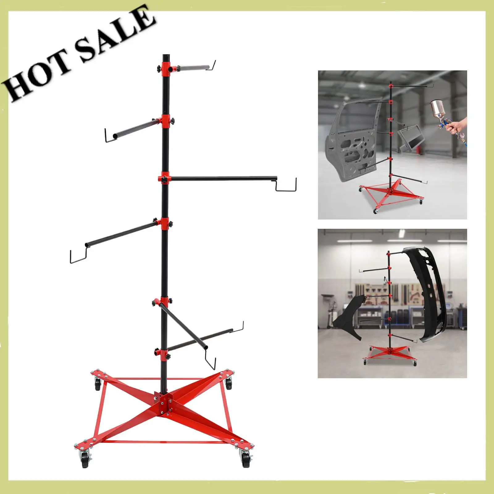 Panel Tree Paint Stand 330lbs Capacity 6 Adjustable Hooks Automotive Doors Fenders Bumper Rack with 4 Wheels