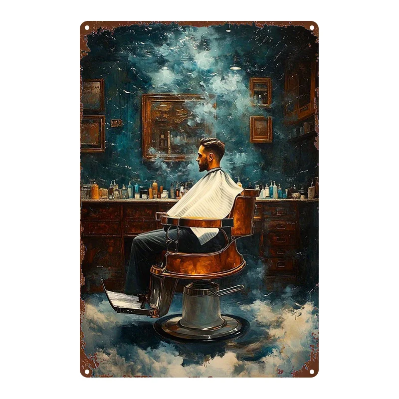 2D Flat, 1pc, Metal Sign, vintage barbershop scene tin sign decoration, flat printed metal plaque, square iron wall hanging, 8x12 inches (20x30 cm) wall decor, suitable for homes, bars, garages, clubs, restaurants and cafes, perfect room decoration